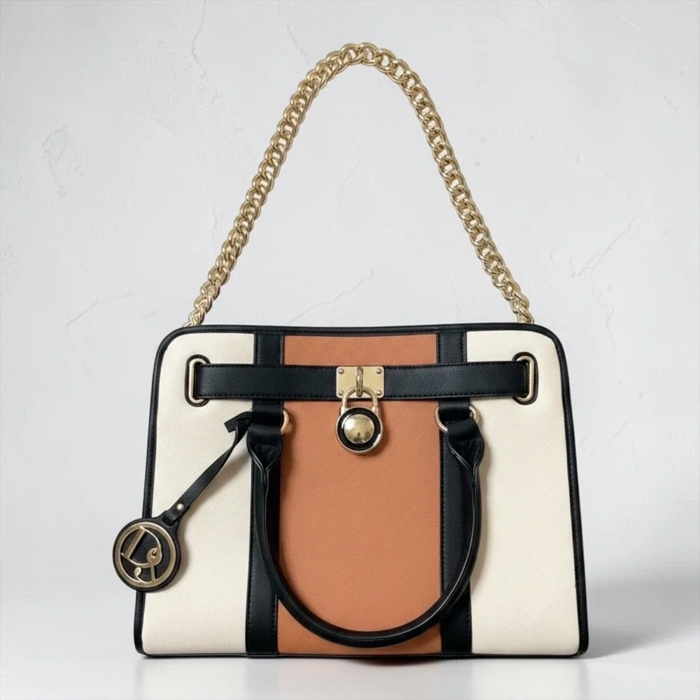 London Fog Women Colorblock Satchel Handbag Gold Chain Strap Lock Detail Cream